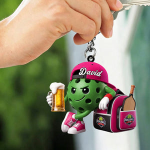Beer Pickleball Keychain - Personalized Cute Pickleball Ball Mascot Keychain