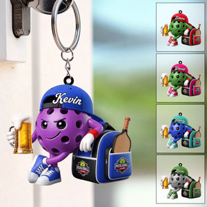Beer Pickleball Keychain - Personalized Cute Pickleball Ball Mascot Keychain