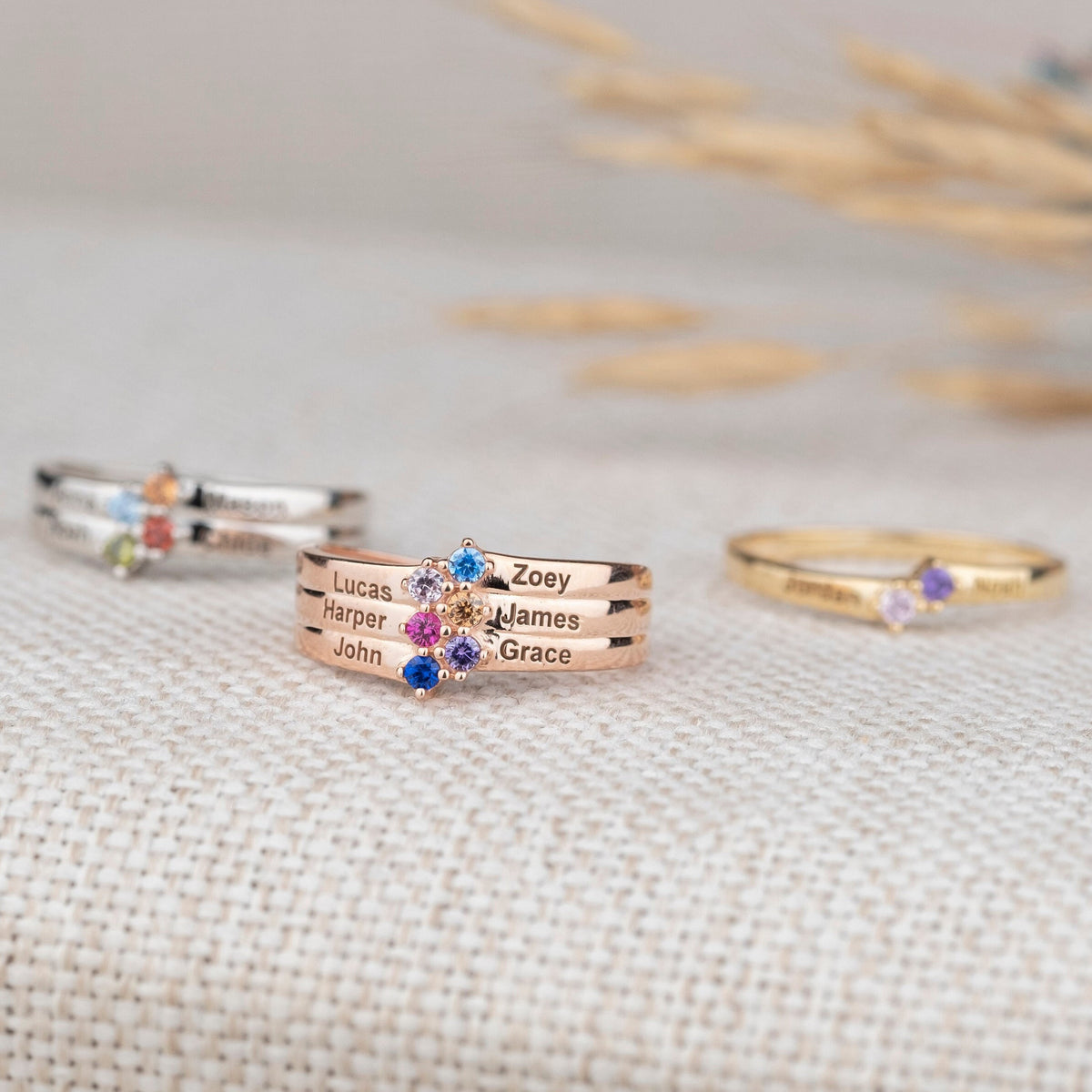 Family Birthstone Personalized 1-8 Names Engraving Ring, Mothers Ring