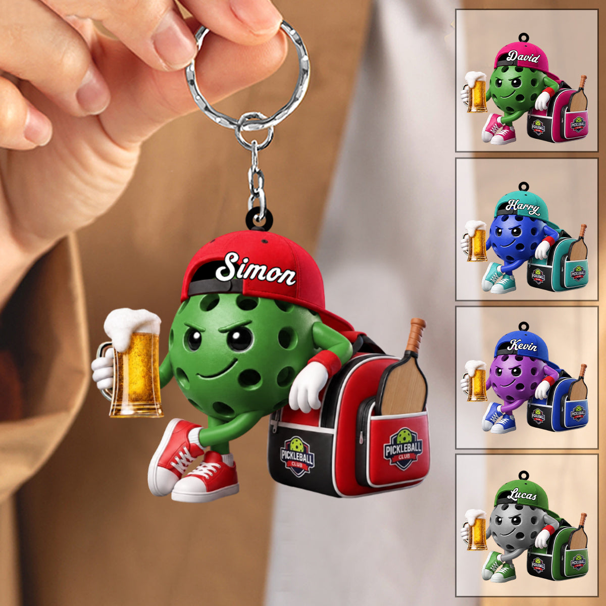 Beer Pickleball Keychain - Personalized Cute Pickleball Ball Mascot Keychain