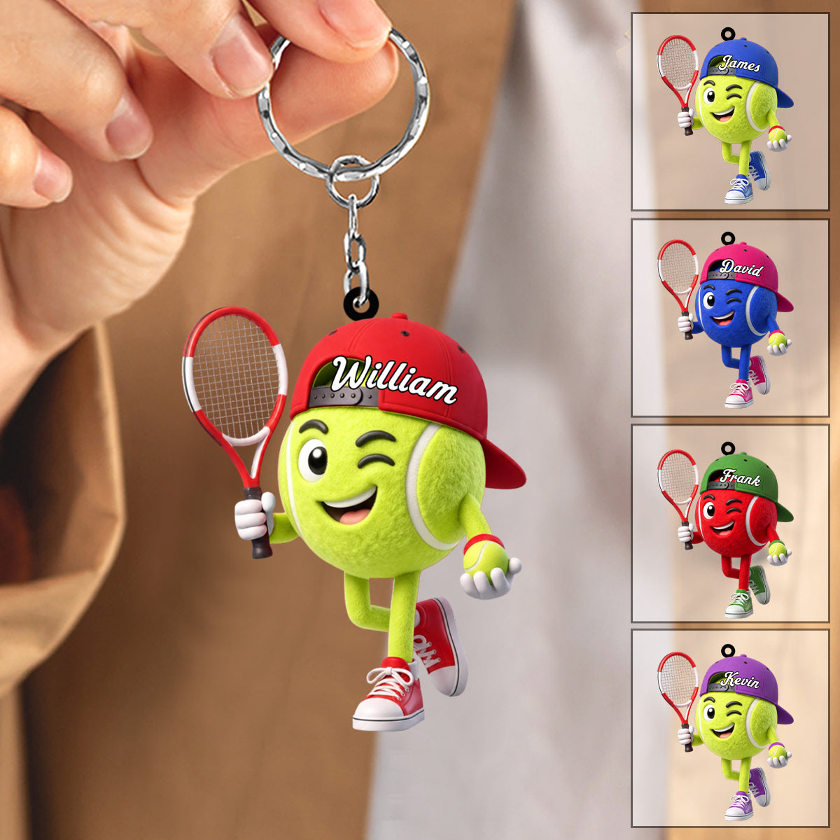 Confident Playful Stance Tennis Keychain Personalized Cute Tennis Ball Mascot Keychain