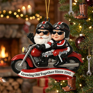 Growing Old Together, Motorcycle Santa Claus Figures - Personalized Couple Ornament