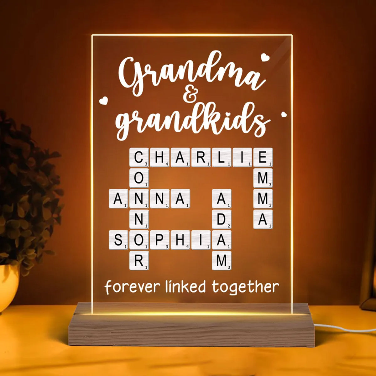 Grandma Grandpa & Grandkids Forever Linked Together Crossword Puzzle Personalized Acrylic Plaque With LED Night Light