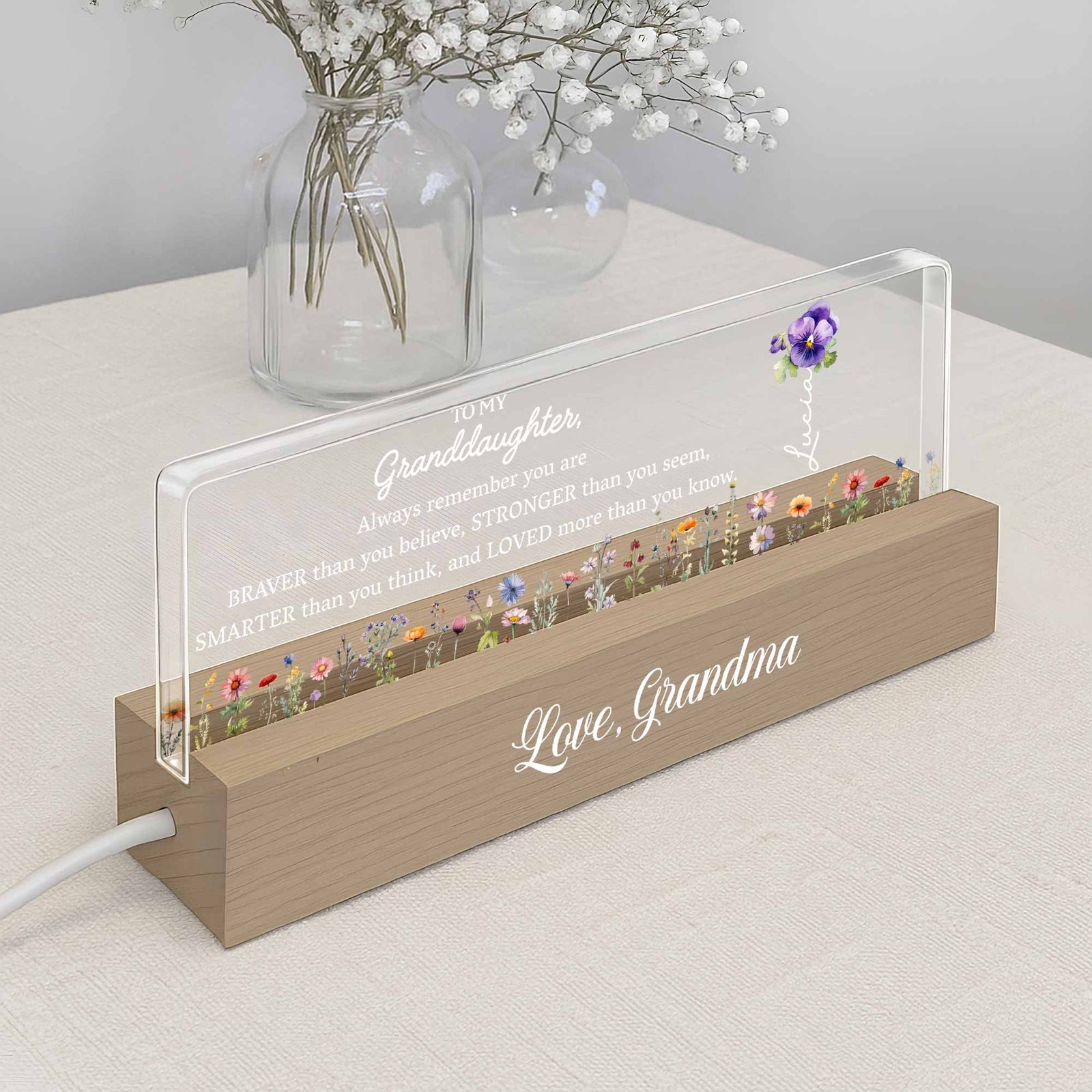To My Granddaughter Always Remember You Are Braver Flowers, Personalized LED Night Light With Wooden Base, Gift For Granddaughters