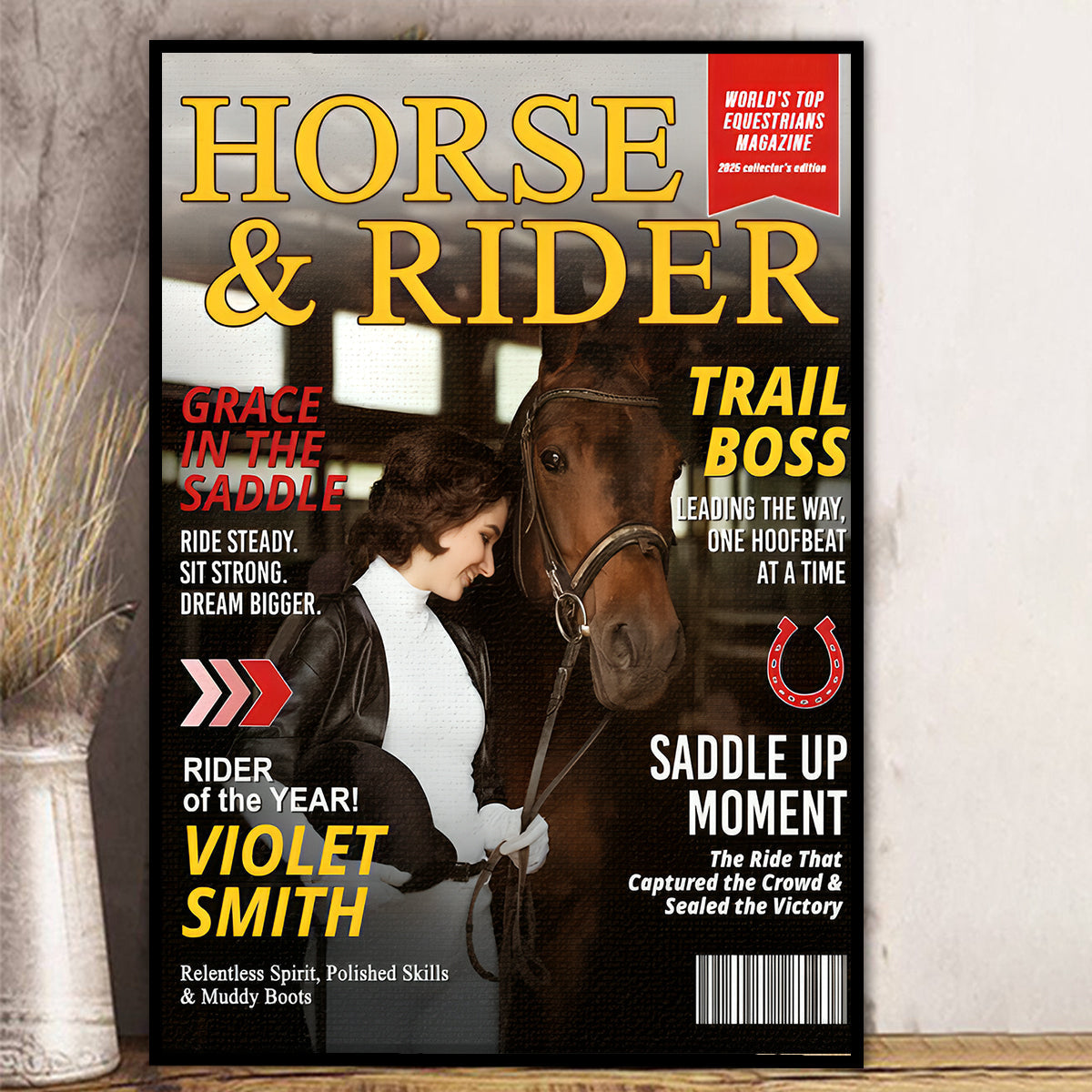 Custom Horse and Rider Magazine Cover, Equestrian Gift for Horse Lovers, Birthday Keepsake Personalized Horse Gift, Custom Equestrian Magazine Cover