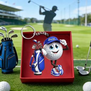Leaning On The Golf Bag Personalized Cute Golf Ball Mascot Keychain Gift For Golf Lovers