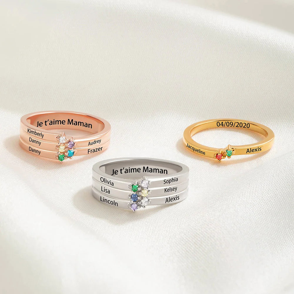 Family Birthstone Personalized 1-8 Names Engraving Ring, Mothers Ring