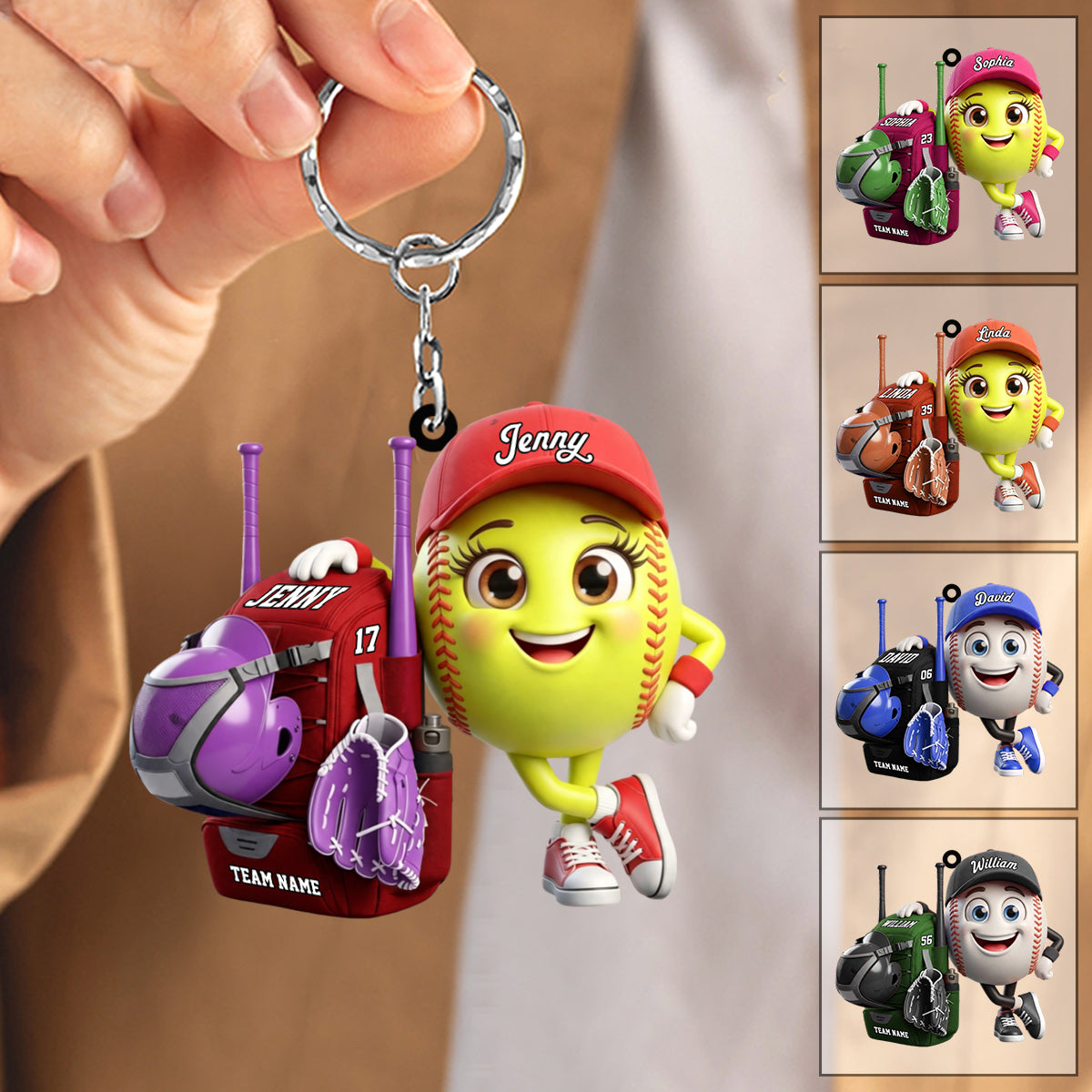 Cute Baseball Softball Player Mascot With Bag - Personalized Baseball Softball Ball Keychain