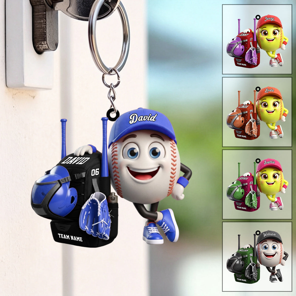 Cute Baseball Softball Player Mascot With Bag - Personalized Baseball Softball Ball Keychain