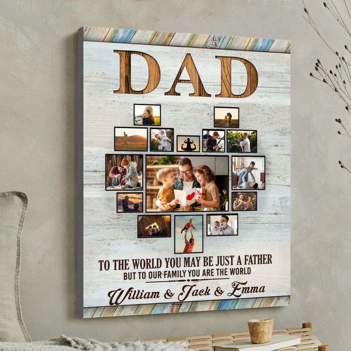 Custom Photo Collage Dad Grandpa Heart Shaped Canvas Poster Personalized Gift for Father’s Day