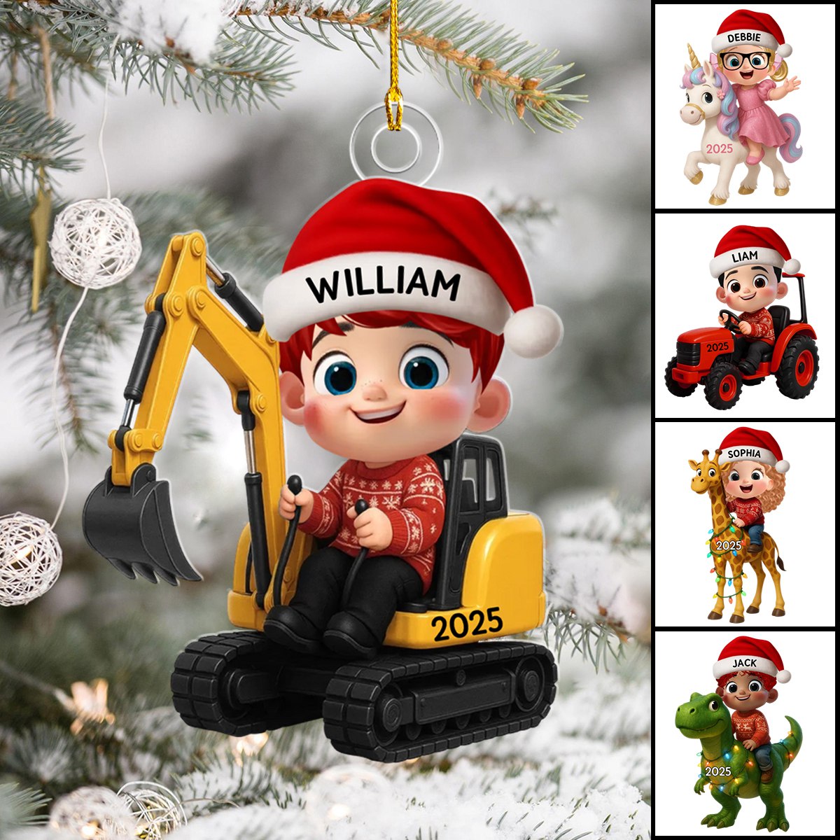 Cartoon Kid With Dinosaur Excavator Christmas - Personalized Acrylic Ornament - Unique Gift For Grandkids