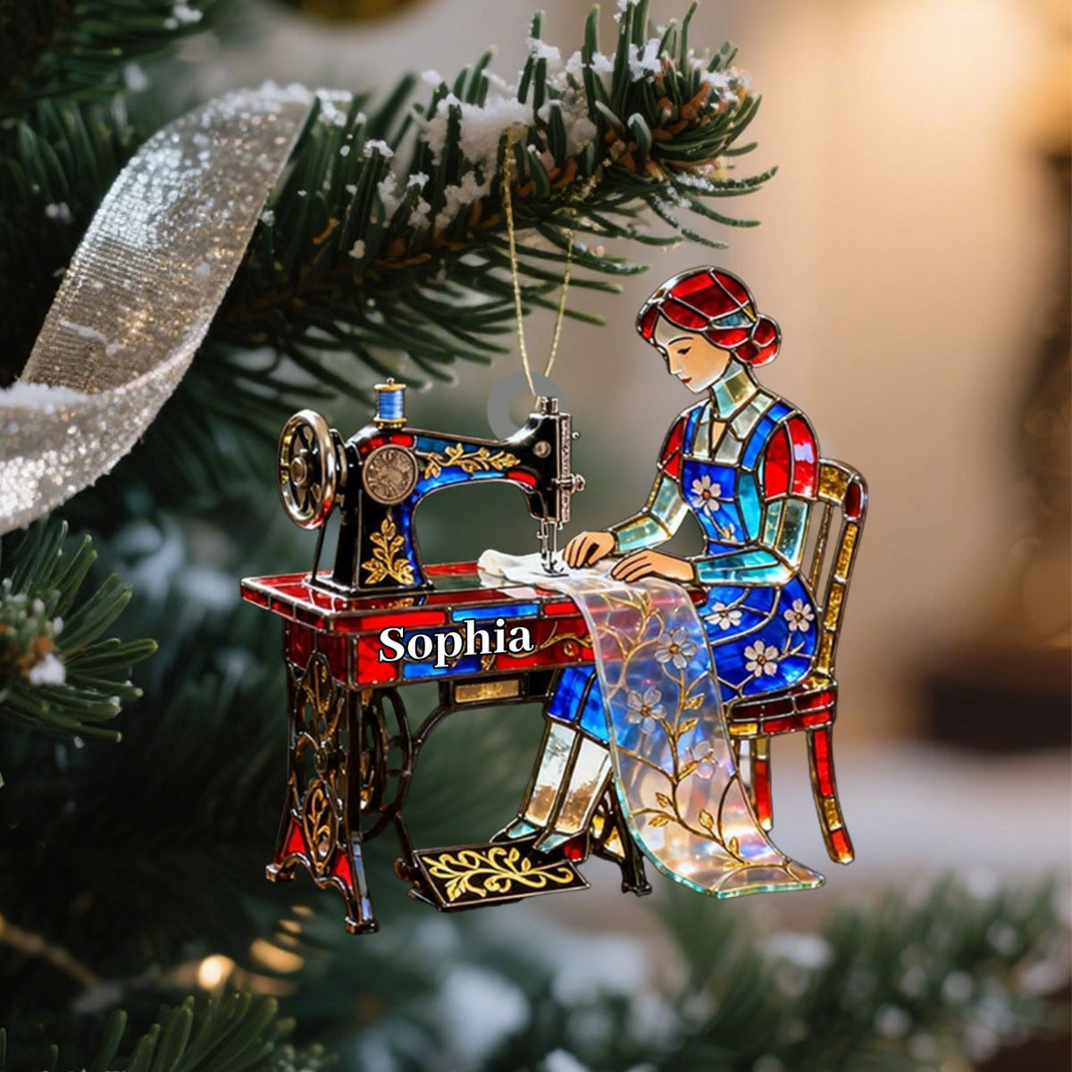 Stained Glass Effect Custom Tailor Acrylic Christmas Ornament, Seamstress Gift