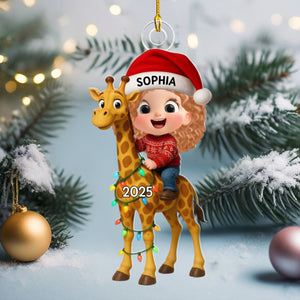 Cartoon Kid With Dinosaur Excavator Christmas - Personalized Acrylic Ornament - Unique Gift For Grandkids