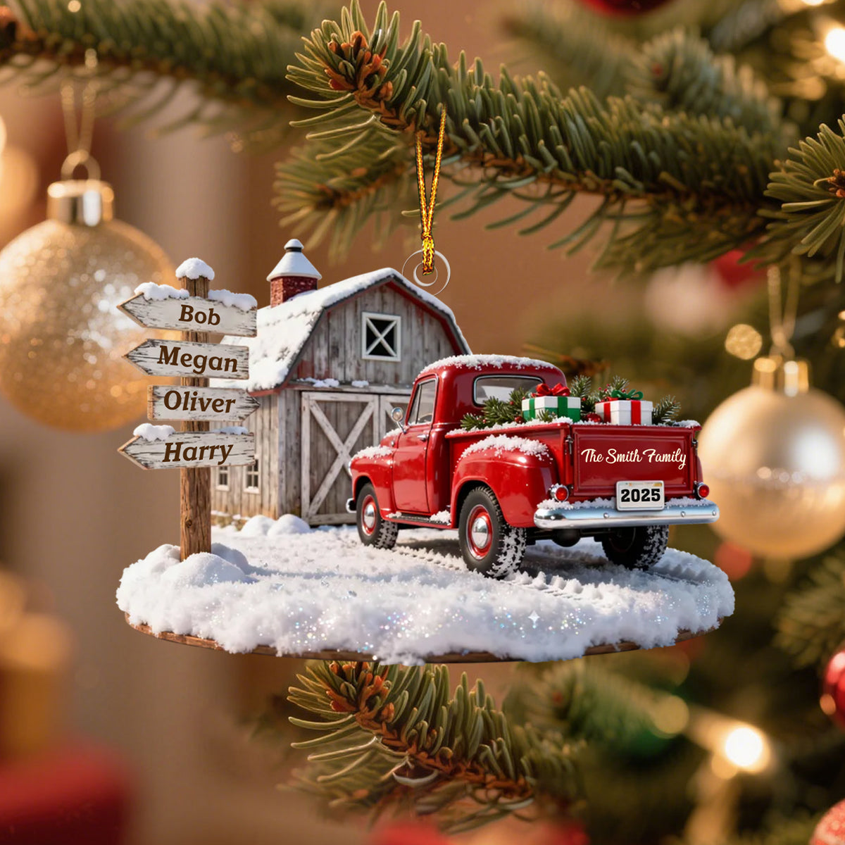 Custom Names Christmas Truck Barn House Family Sign Posts  - Personalized Farmhouse Acrylic Ornament