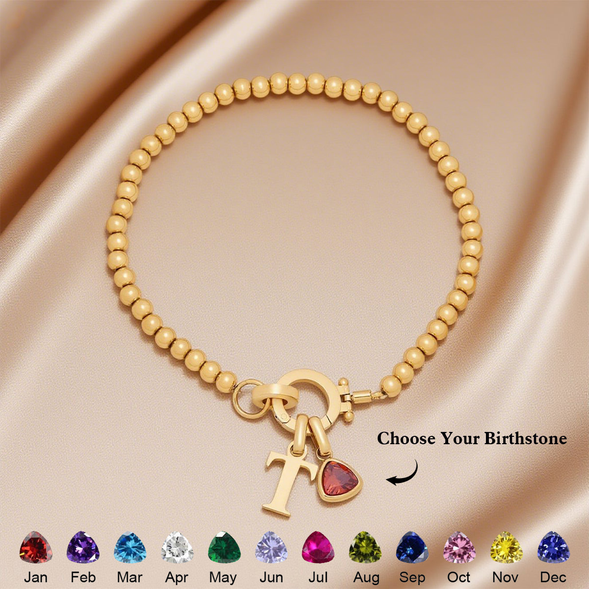 BEADED BIRTHSTONE PERSONALIZED INITIAL CHARM BRACELET