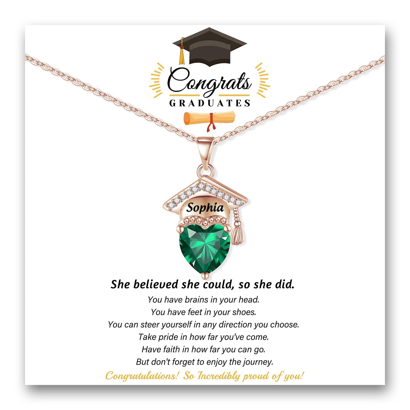 Engraved Name Personalized Bachelor Hat Heart Shaped Birthstone Graduation Necklace