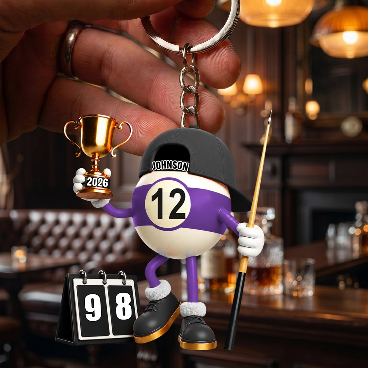 Personalized Cartoon Billiard Ball Champion Mascot Acrylic Keychain – Trophy & Cue Stick Gift For Pool Lovers