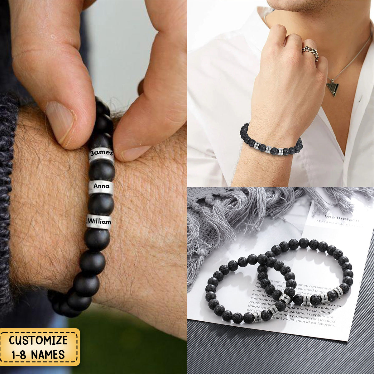 Personalized Men Beaded Bracelet,Custom 1-8 Name Gift For Grandpa, Dad