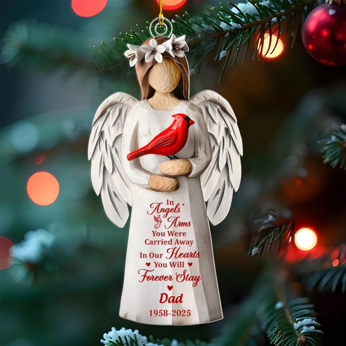 In Angels' Arms You Were Carried Away Personalized Memorial Cardinal Ornament