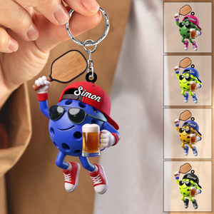 Jumping Celebrating Pickleball Keychain - Personalized Cool Pickleball Ball Mascot Keychain