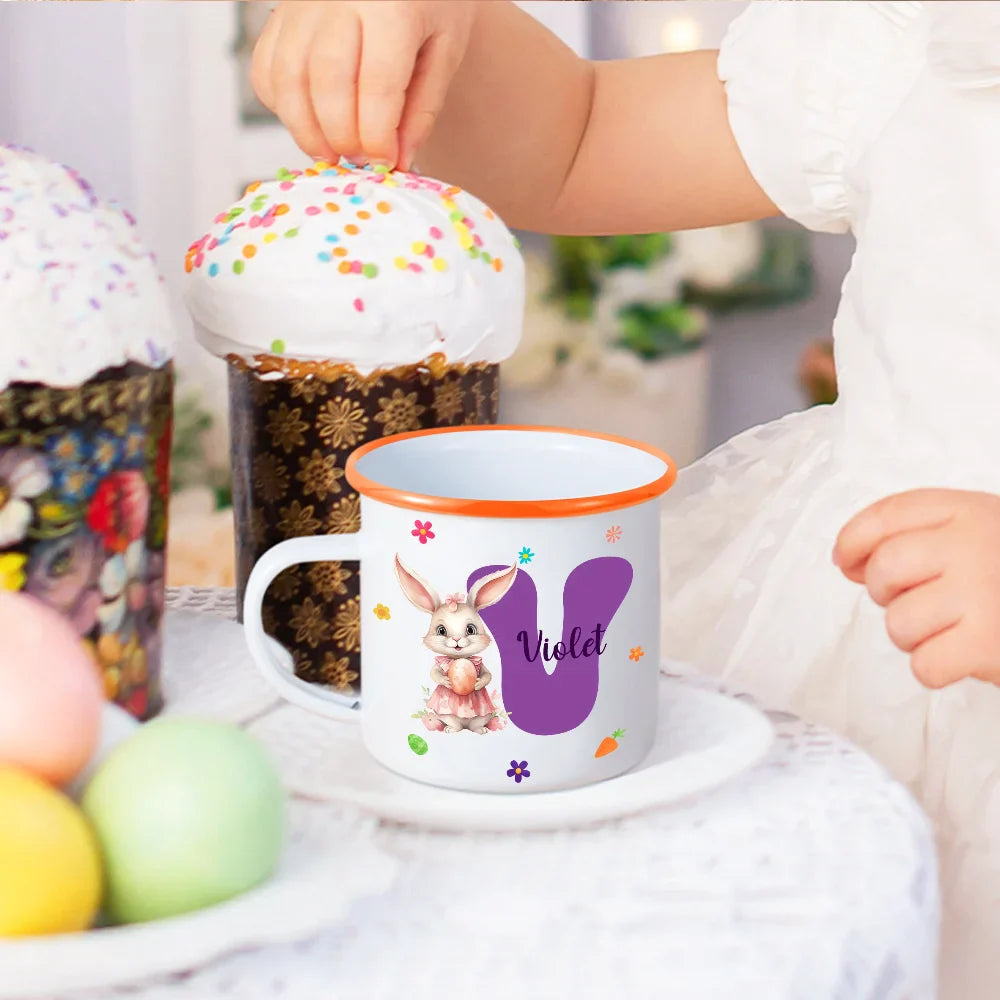Personalized Watercolor Bunny Floral Multicolor Rim Enamel Mug With Name Birthday Easter Party Favor Gift For Kids