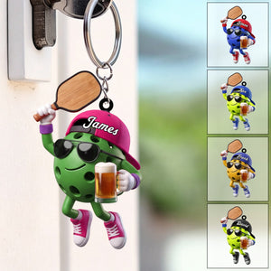 Jumping Celebrating Pickleball Keychain - Personalized Cool Pickleball Ball Mascot Keychain