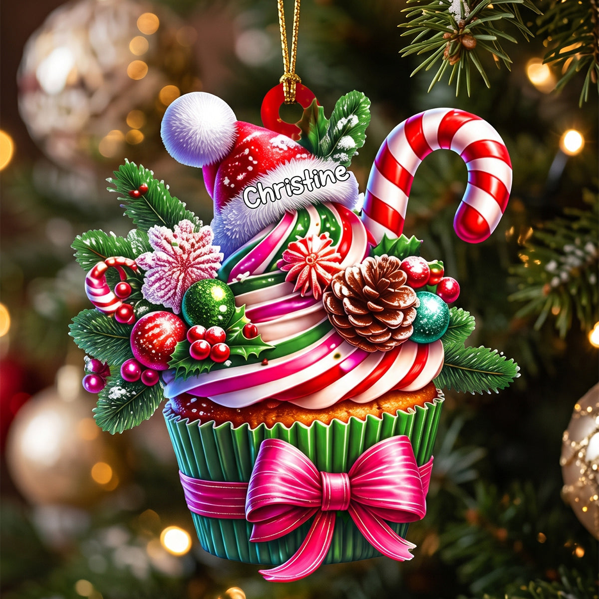 Personalized Santa Hat Cupcake Acrylic Ornament - Custom Holiday Tree Charm