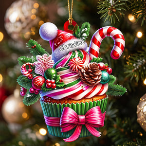 Personalized Santa Hat Cupcake Acrylic Ornament - Custom Holiday Tree Charm