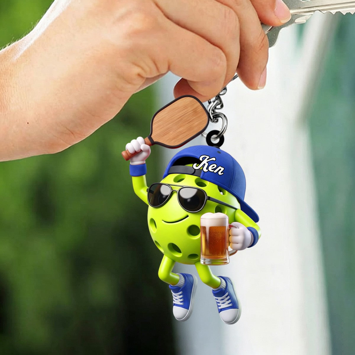 Jumping Celebrating Pickleball Keychain - Personalized Cool Pickleball Ball Mascot Keychain