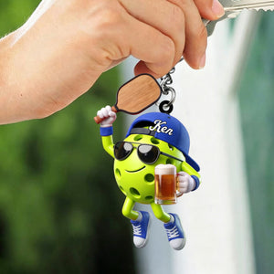 Jumping Celebrating Pickleball Keychain - Personalized Cool Pickleball Ball Mascot Keychain