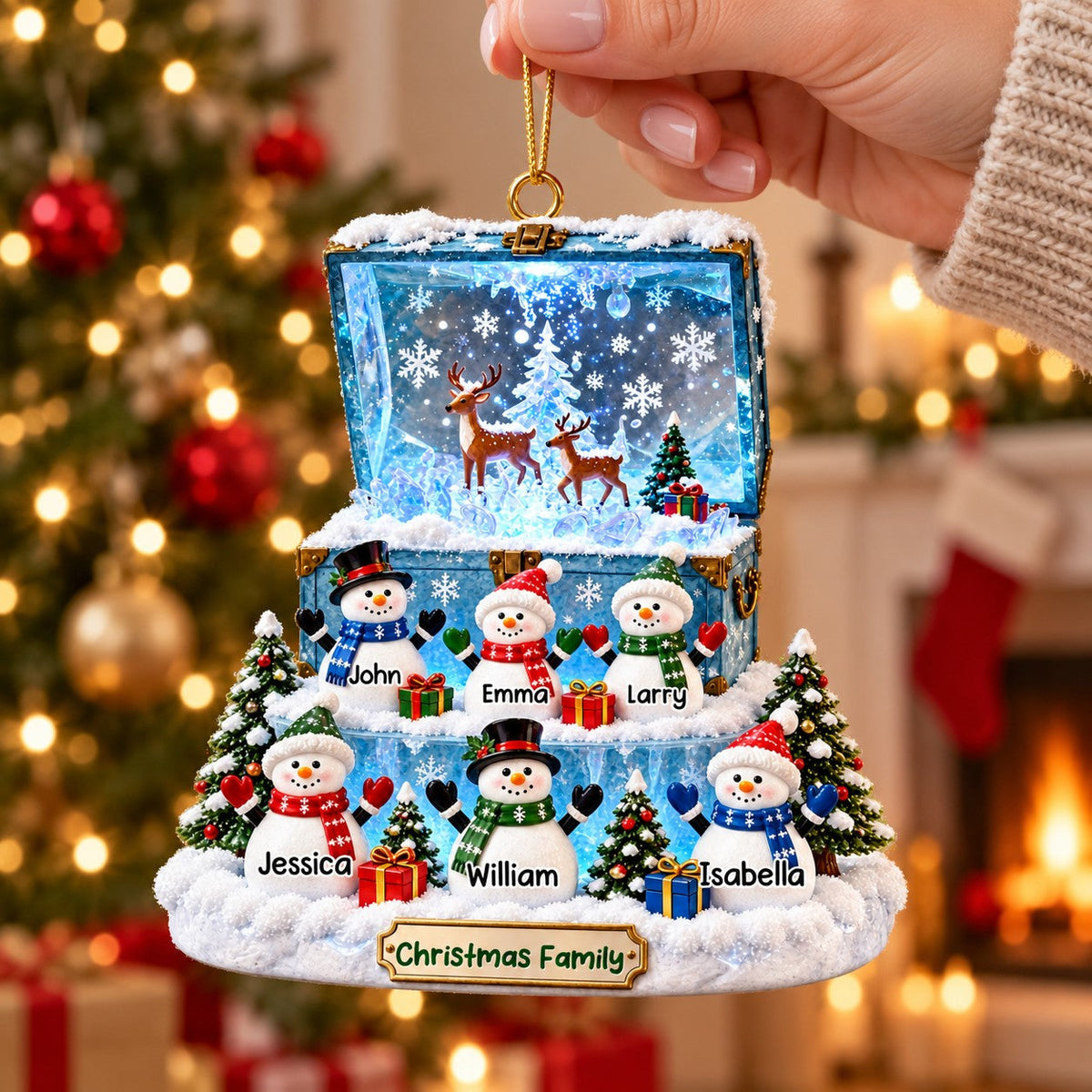 Personalized Christmas Snowman Family Treasure Chest Theme Ornament