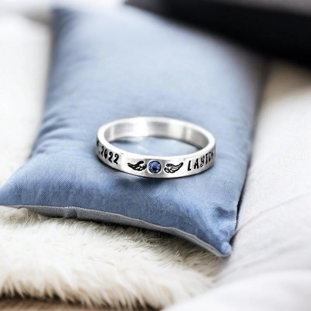 Personalized Memorial Birthstone Ring with Engraved Name & Date