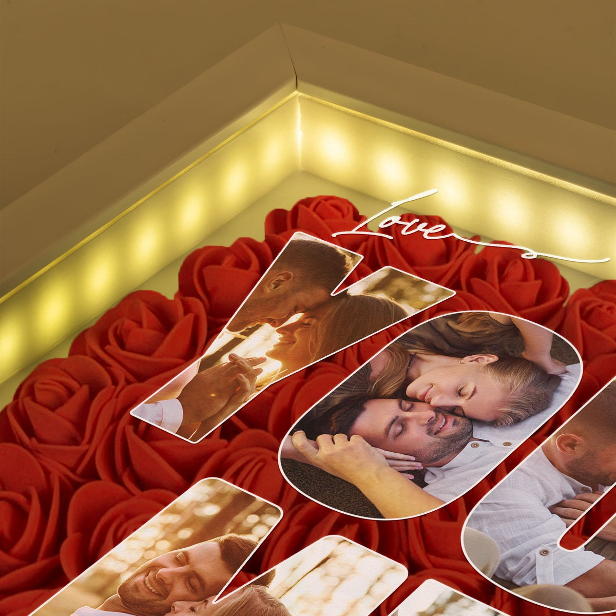 You & Me Custom Photo Collage - Personalized Photo Flower Shadow Box With LED Light