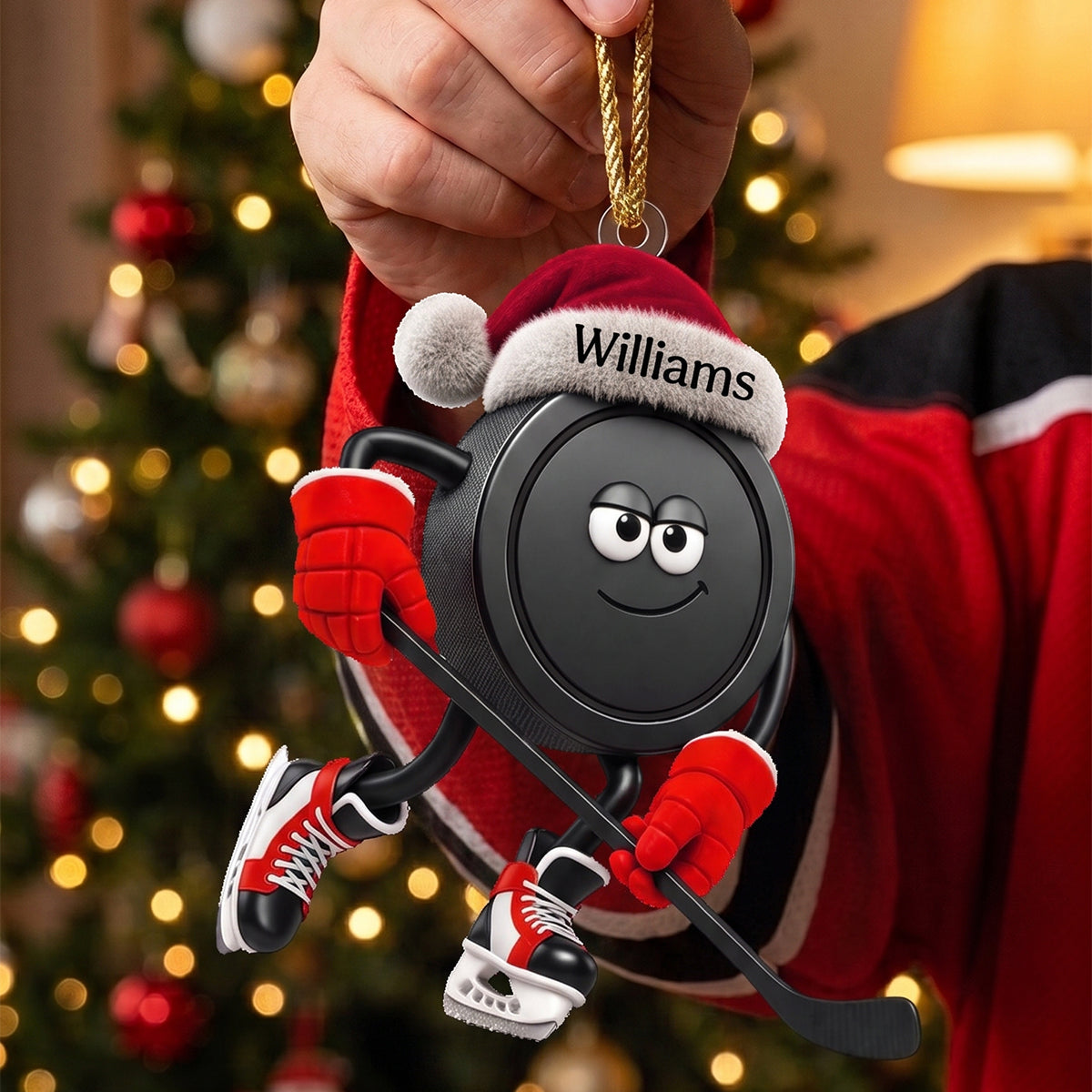 Personalized Action Pose Hockey Puck With Santa Hat – Custom Christmas Hanging Ornament For Hockey Fans