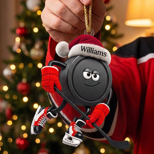 Personalized Action Pose Hockey Puck With Santa Hat – Custom Christmas Hanging Ornament For Hockey Fans
