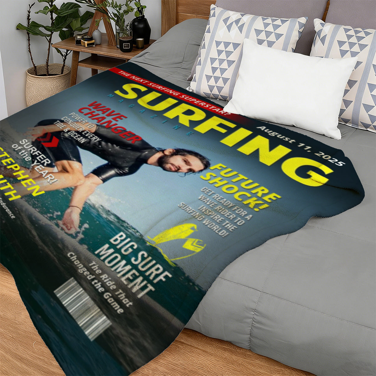 Personalized Surfing Photo Magazine Cover Blanket Gift For Surfers, Surfing Gift For Him