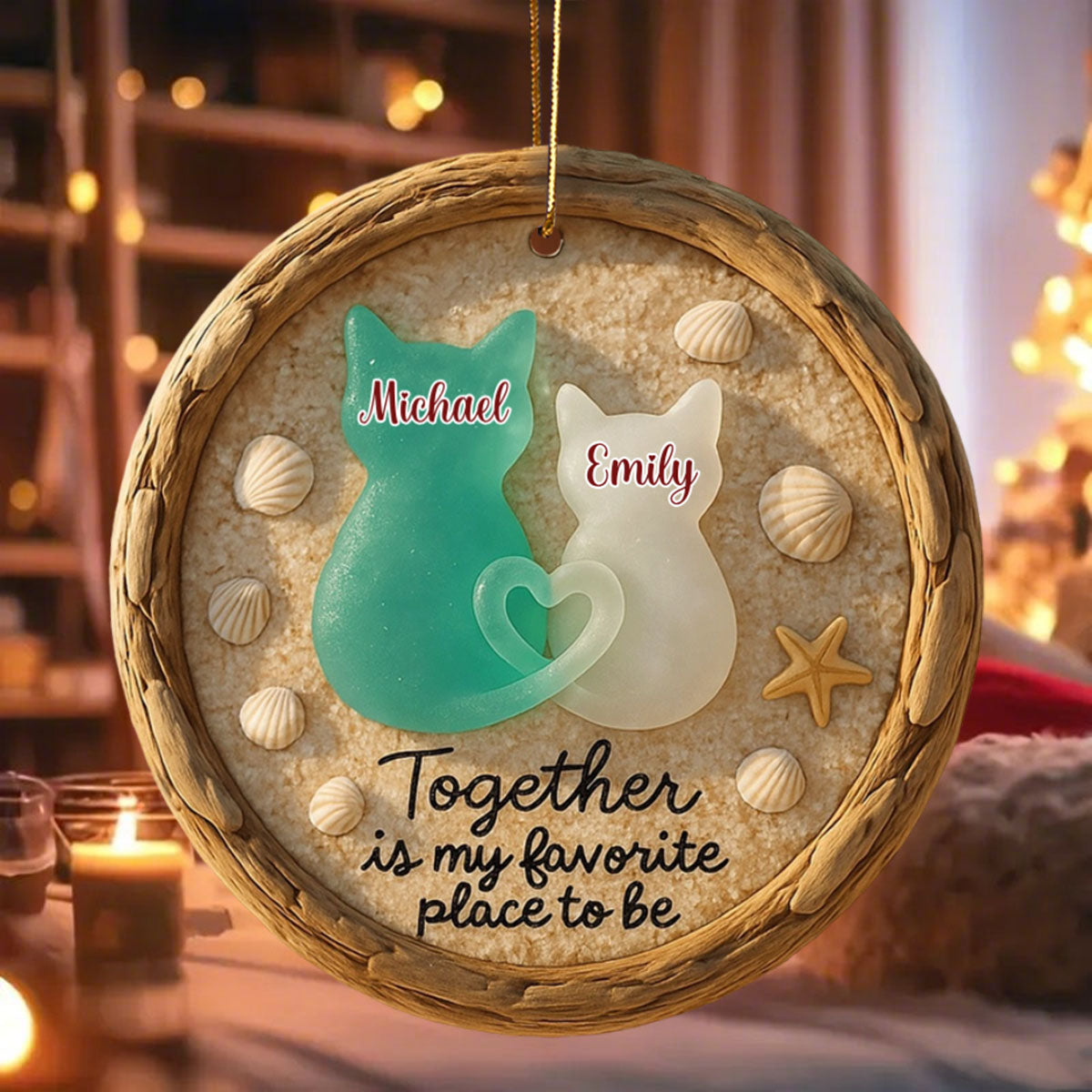 Together Is My Favorite Place to Be - Personalized Sea Glass Cat Couple Beach Ornament