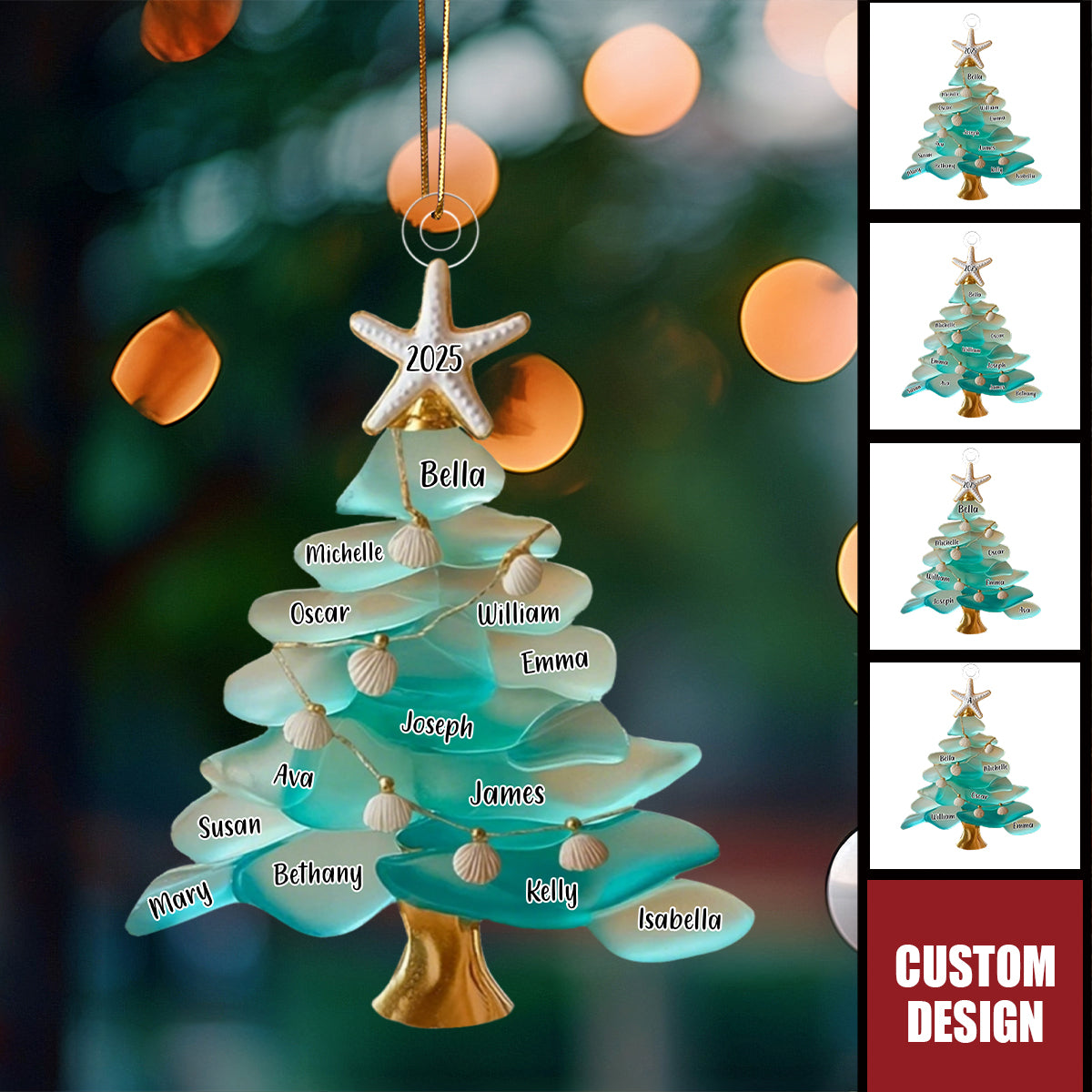 Family Sea Glass Christmas Tree - Starfish Shells Personalized Ornament Gift for Family
