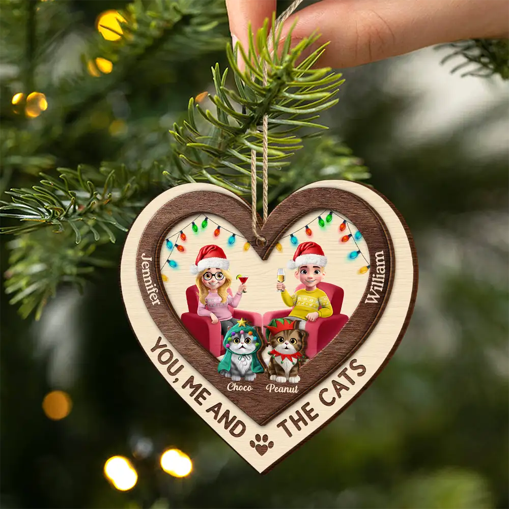 Heart You Me And The Cat - Personalized 2-Layered Wooden Ornament Gift For Cat Lover Couple