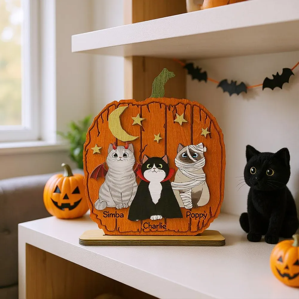 Halloween Cat Pumpkin Personalized 2-Layered Standing Wooden Plaque Gift For Cat Lover