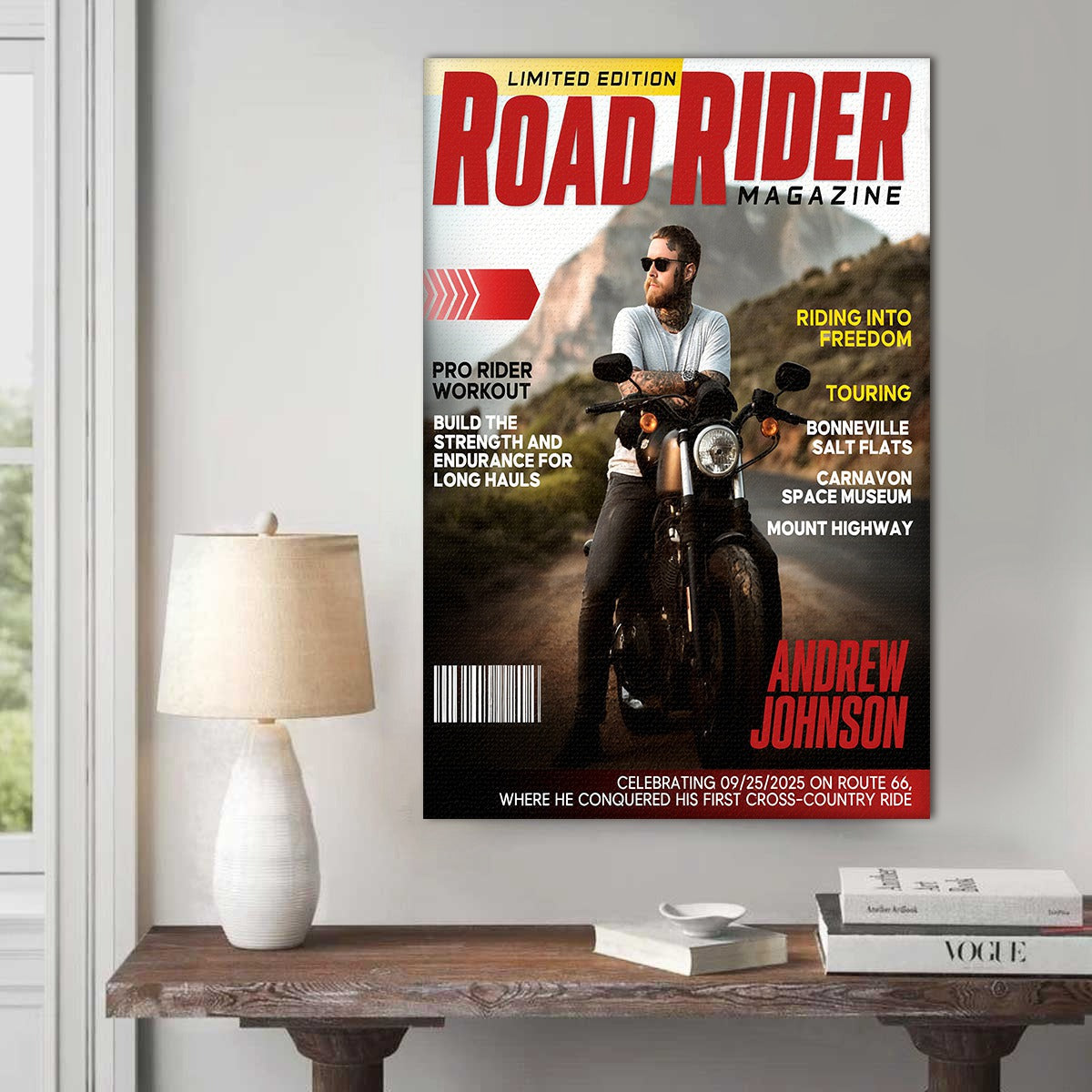 Personalized Road Rider Magazine Cover, Motorcycle Magazine Canvas, Motorcyclist Photo Canvas, Gift For Rider
