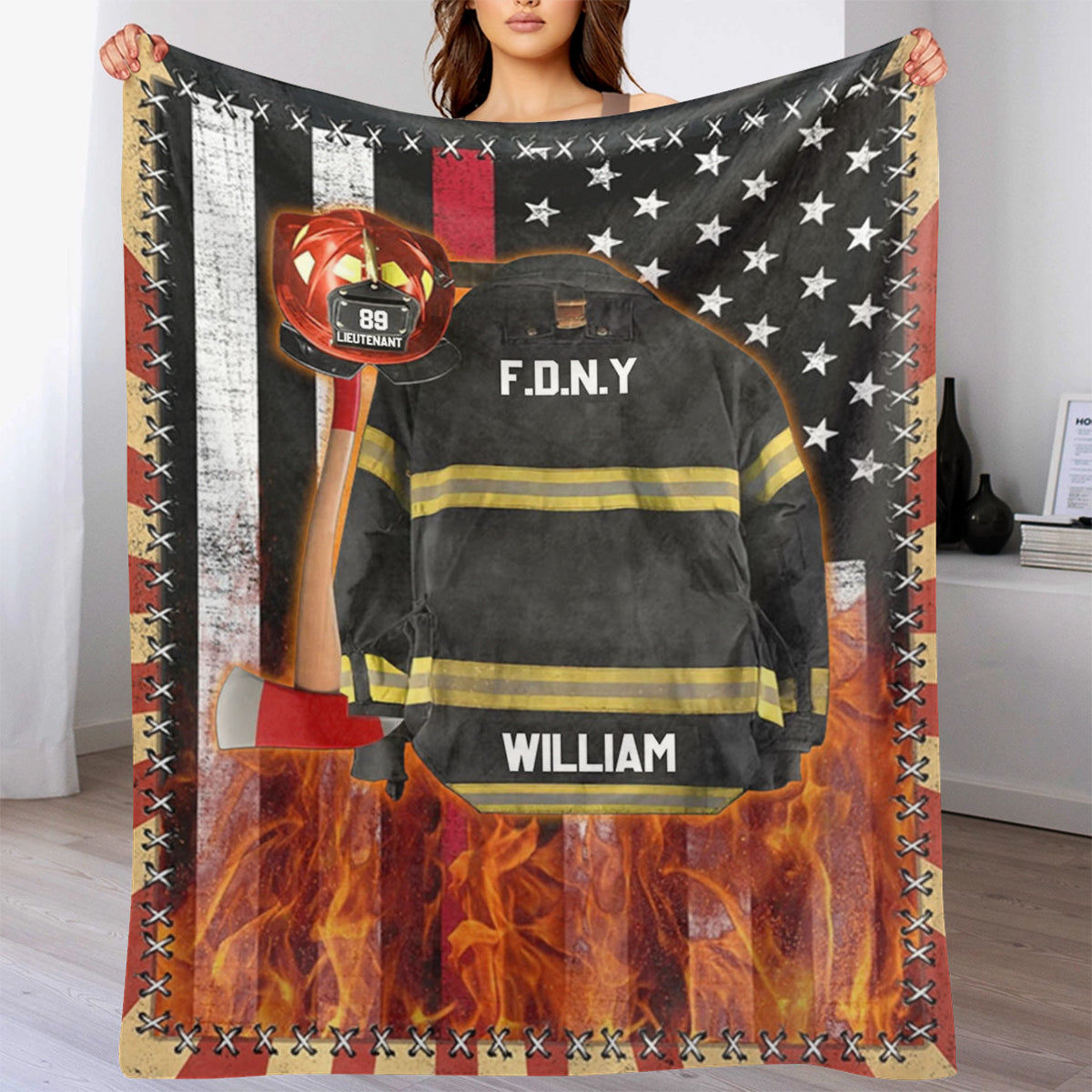 Custom Name Firefighter Us Flag Armor Personalized Blanket Gifts for Firefighter Fireman