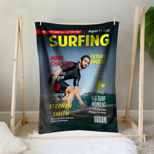 Personalized Surfing Photo Magazine Cover Blanket Gift For Surfers, Surfing Gift For Him