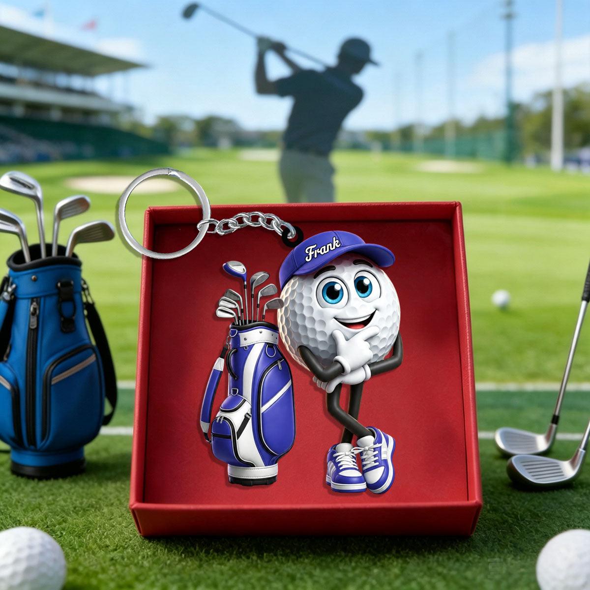Thinking Pose Golf Buddy Keychain - Personalized Cute Golf Ball Mascot Keychain