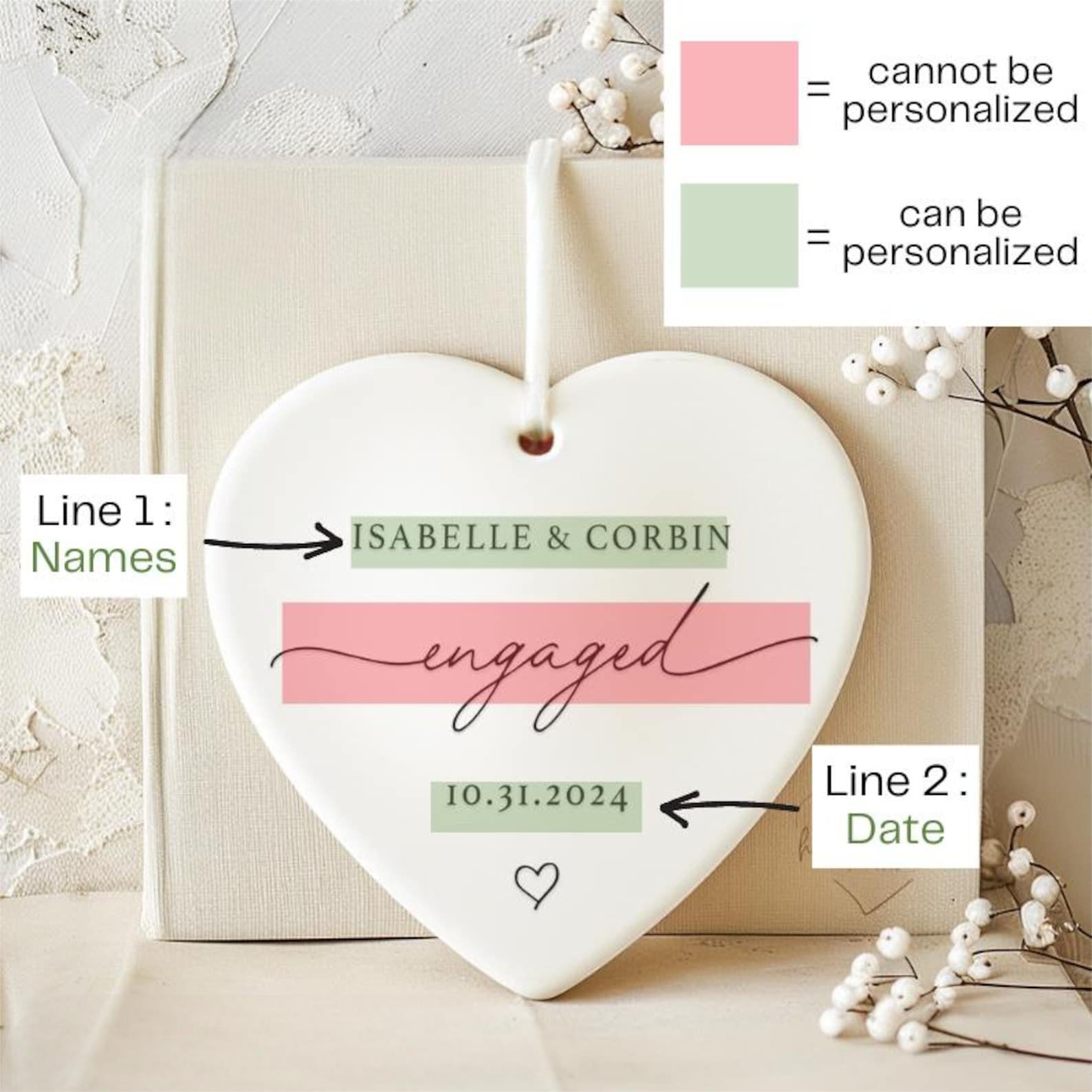 Personalized Engagement Heart-shaped Ceramic Ornament with Names & Date