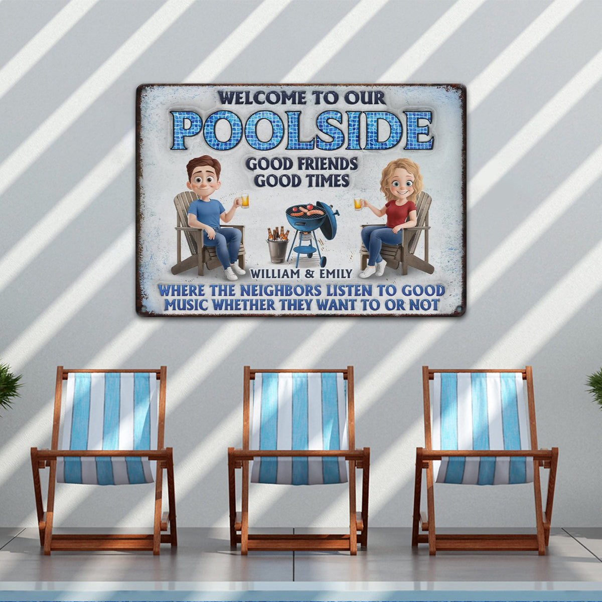 Welcome To Our Poolside, Where The Fun Never Stops - Couple Personalized Custom Home Decor Metal Sign
