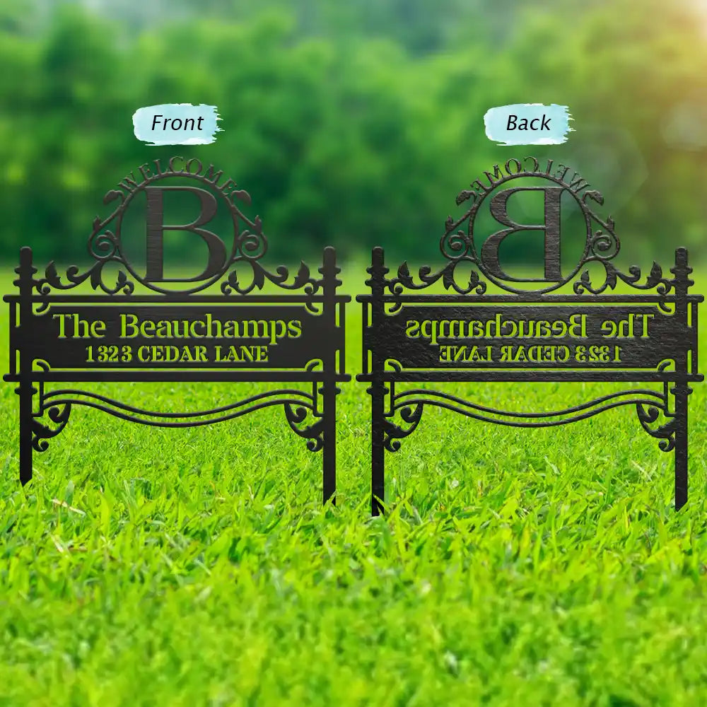 Welcome Family Name Monogram - Personalized Metal Garden Stake For Outdoor & Yard
