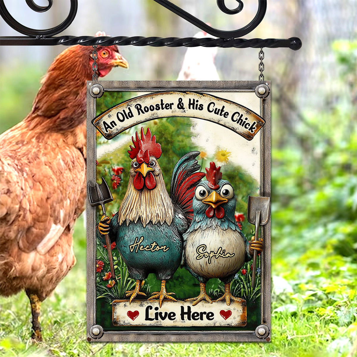 An Old Rooster & His Cute Chick Live Here - Personalized Metal Sign