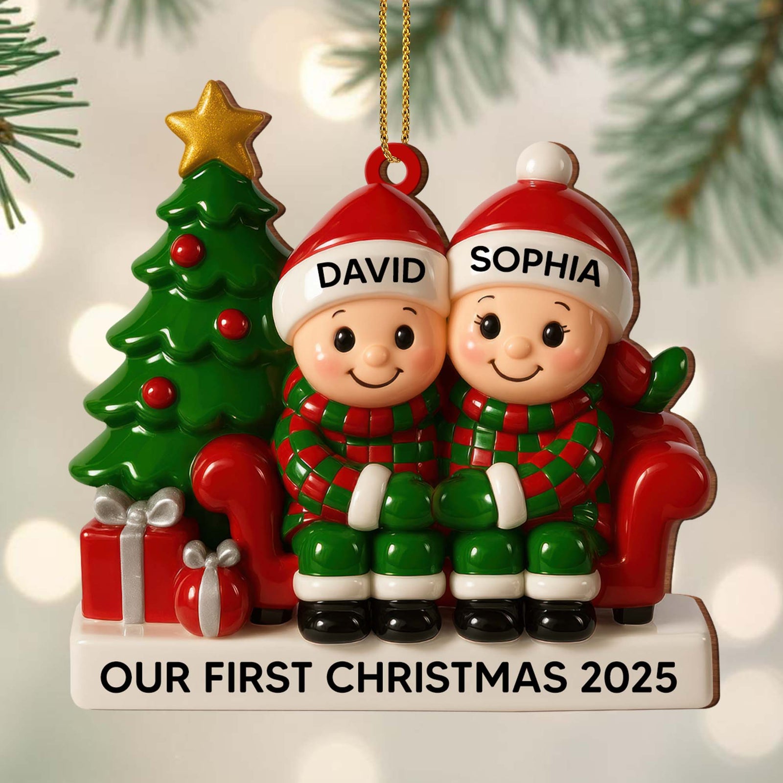 Couple Our First Christmas With Christmas Tree and Gifts, Personalized Wood Ornament