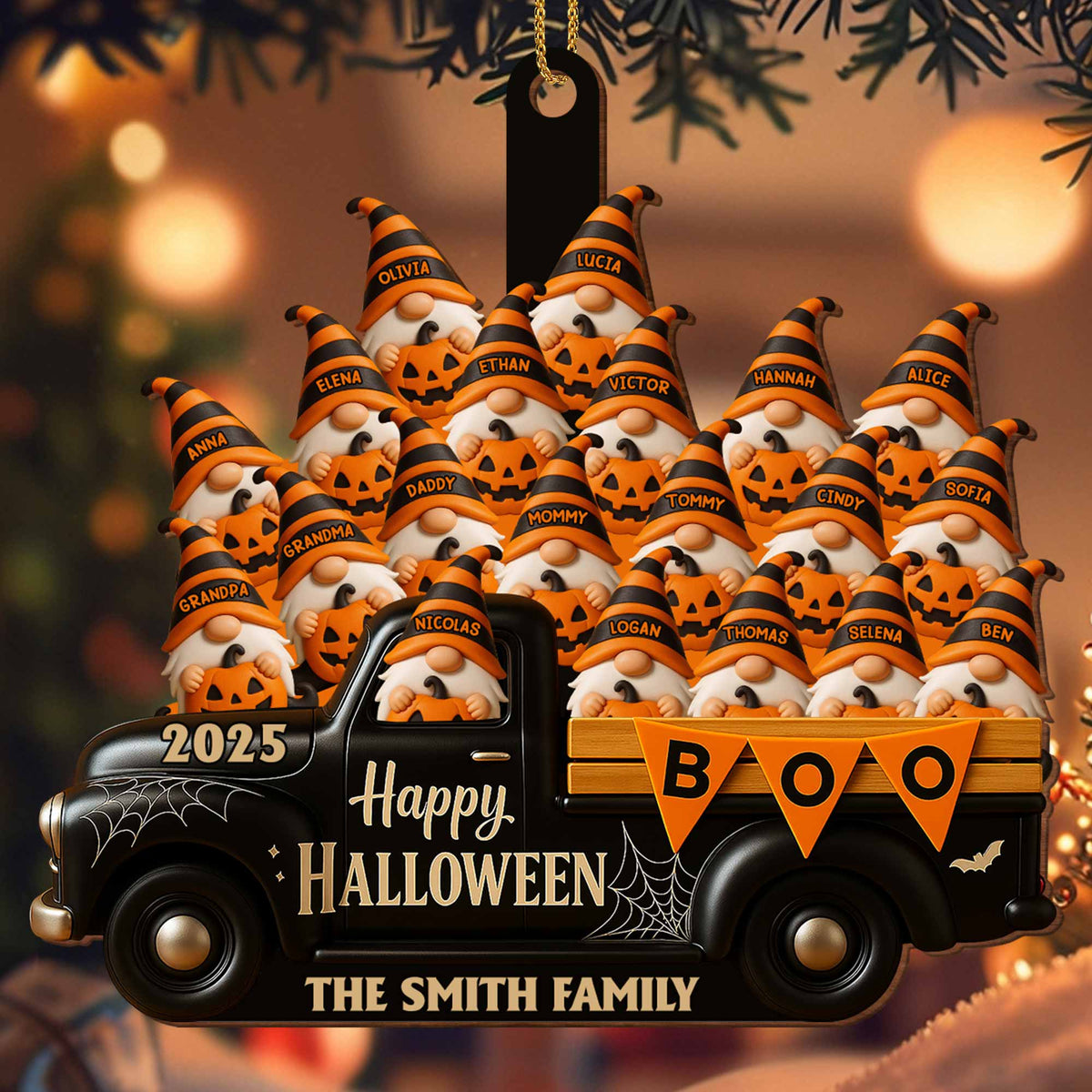 Happy Halloween Family Truck With Pumpkins, Personalized Custom Wood Ornamen